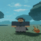 a roblox character is standing in a field with a bottle of honey on the ground