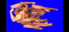 a blurry picture of a man with many arms and legs on a blue screen