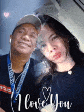 a man and a woman are posing for a picture with the words " i love you "