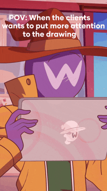 a cartoon of a person holding a tablet with a w on it