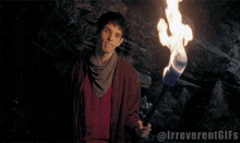 a man is holding a torch with a marshmallow on it and the words @irrevertgifs below him