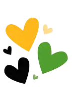 a green heart surrounded by yellow and black hearts