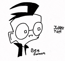 a black and white drawing of a man with glasses and the words bee swarm below him