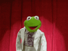 kermit the frog is standing in front of a red curtain with his mouth open