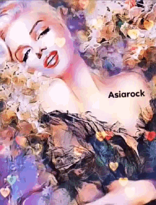 a painting of a woman laying in a pile of flowers with the words asiarock above her