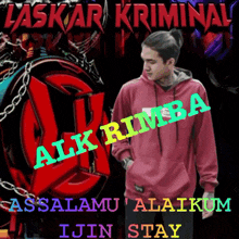 a man in a red hoodie with the words alk rimba written on it