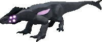 a gray dinosaur with purple eyes and a purple tail