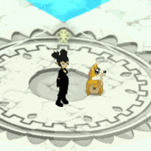 a cartoon character standing next to a small dog in a circle