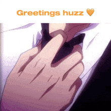 a picture of a man adjusting his tie with the words greetings huzz above