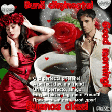 a man and a woman are standing next to a cup of coffee with the words good morning written on it