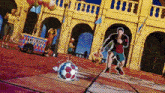 a cartoon drawing of a man kicking a soccer ball