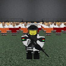 a group of roblox characters are standing in a field and one of them has the word gaming on his shirt