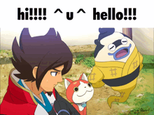 a cartoon character is standing next to a ghost and says hi !!!