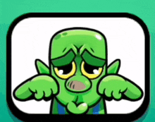 a green cartoon character with a sad look on his face is pointing at the camera .