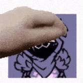 a person is holding a cartoon character 's nose in front of a cartoon character .