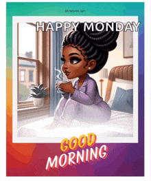 a cartoon of a woman sitting on a bed holding a cup of coffee