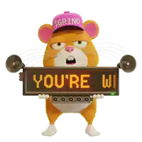a hamster wearing a $ grind hat holds a sign that says come yo