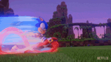 sonic the hedgehog is flying through the air in a video game while wearing a red and blue outfit .