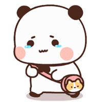 a cartoon panda bear is crying while holding a purse with a cat on it .