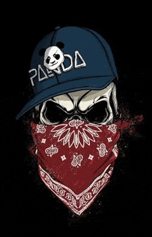 a skull wearing a panda hat and a bandana on a black background .