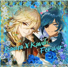 a picture of two anime characters with the words kaeua x kavel forever