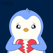 a sad penguin is holding a broken heart and crying