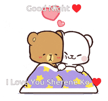 a couple of teddy bears are laying on a bed with the words good night i love you sherene ko