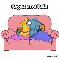 a cartoon of a duck and a mouse sitting on a couch reading books