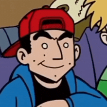 a cartoon of a man wearing a red hat and a blue jacket .