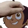 a person is petting a cartoon character 's face with their hand .