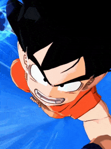 a close up of a cartoon character 's face against a blue background