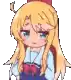 a pixel art drawing of a girl with long blonde hair and a red bow on her head .
