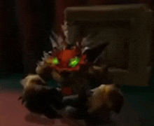 a cartoon character is standing on a red carpet in a dark room with a fireplace in the background .