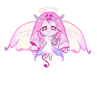 a cartoon character with pink hair and wings is flying in the air holding a key .