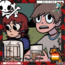 a cartoon of a boy and a girl with the words emo is love on the bottom right
