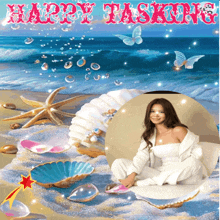 a picture of a woman on a beach with the words happy tasking in red