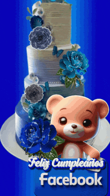 a cake with blue flowers and a teddy bear with the words feliz cumpleanos facebook