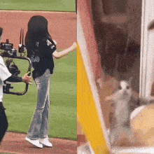 a woman is standing on a baseball field next to a camera