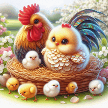 a rooster and chicks are in a nest with flowers in the background