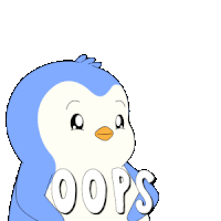 a blue and white penguin with the word oops written on it