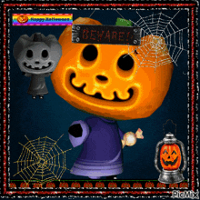 a pumpkin with a beware sign hanging from it