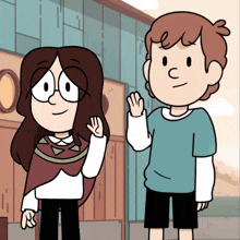 a boy and a girl are standing next to each other and the girl is waving