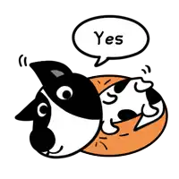 a black and white dog with a speech bubble saying yes