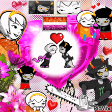 a collage of cartoon characters with a pink heart in the middle and the words picmix at the bottom
