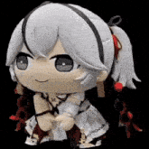 a stuffed toy of a girl with white hair and a ponytail is sitting down on a black background .