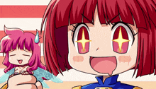 a cartoon of a girl with red hair and a blue shirt