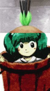 a cartoon girl with green hair is in a bucket