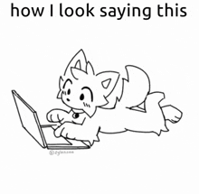 a black and white drawing of a cat laying on the floor using a laptop computer .
