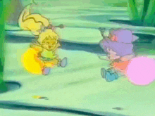 two cartoon characters are playing with bubbles and one of them is wearing a yellow dress