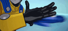 a cartoon character is wearing a black glove and a yellow armor
